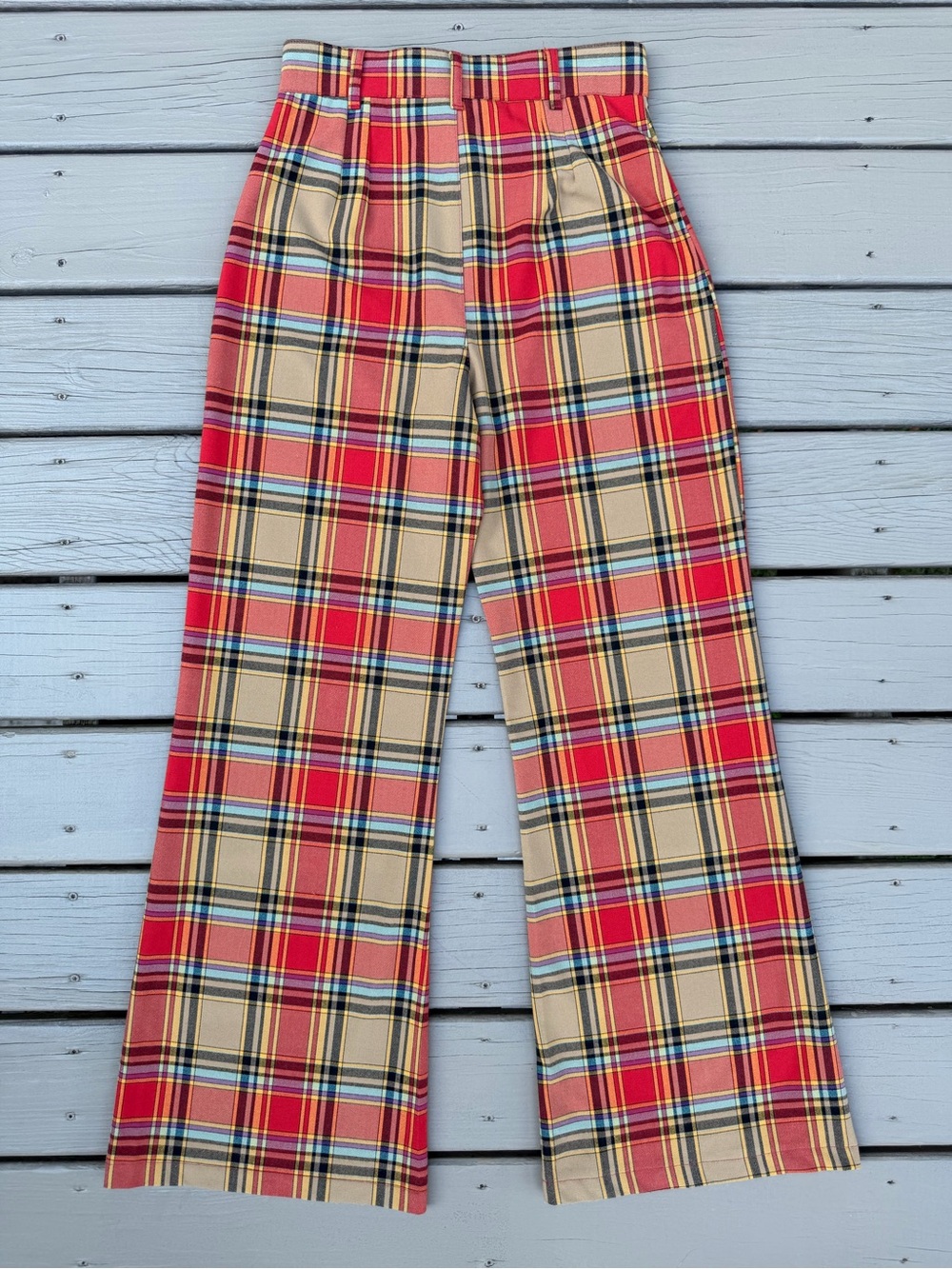 Free People Jules Red Multi Plaid High-Waisted Wide-Leg Pants - Picture 7 of 13